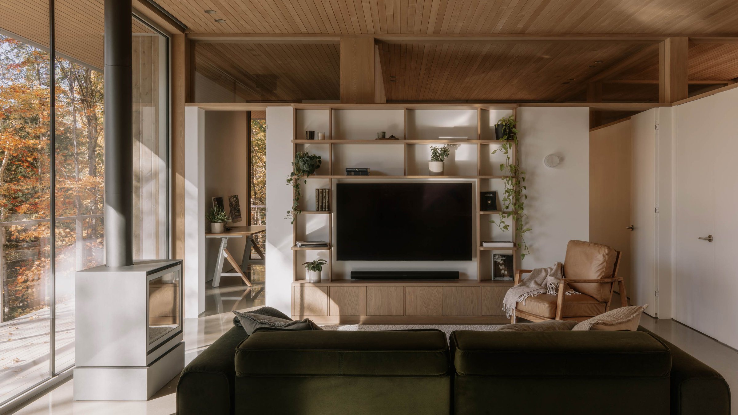 Perchée : le bois relie plafond, bibliothèque et mobilier